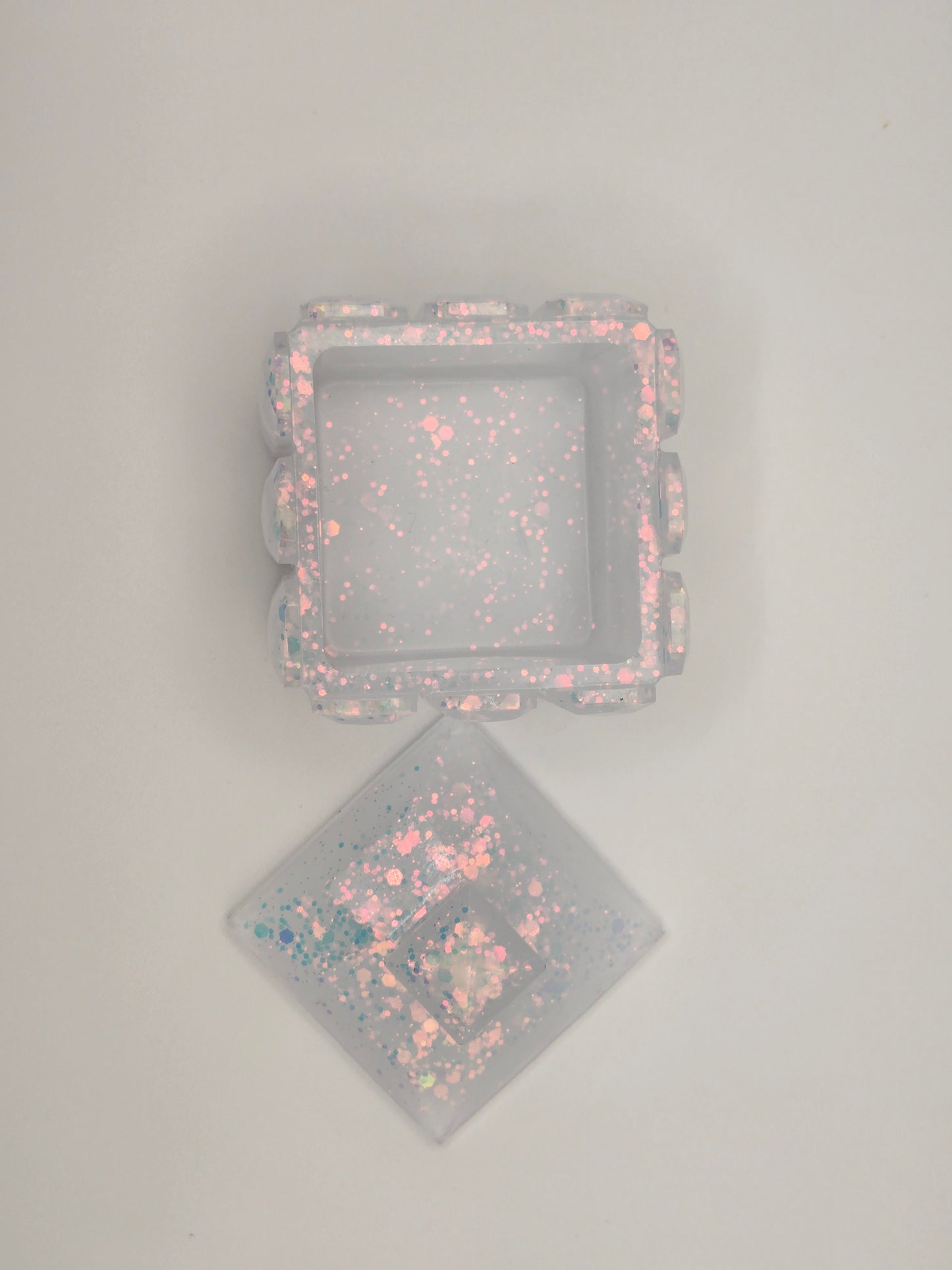 Iridescent Glitter Resin Jar with Lid – Square Trinket Box