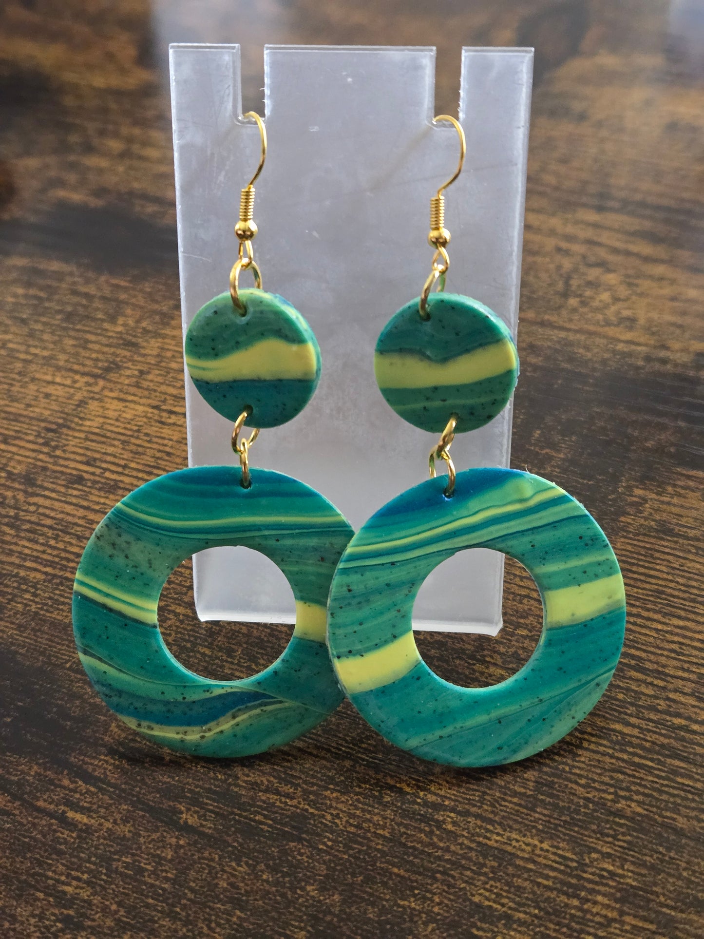 Tropical Marbled Polymer Clay Hoop Earrings – Green & Yellow Statement Dangles