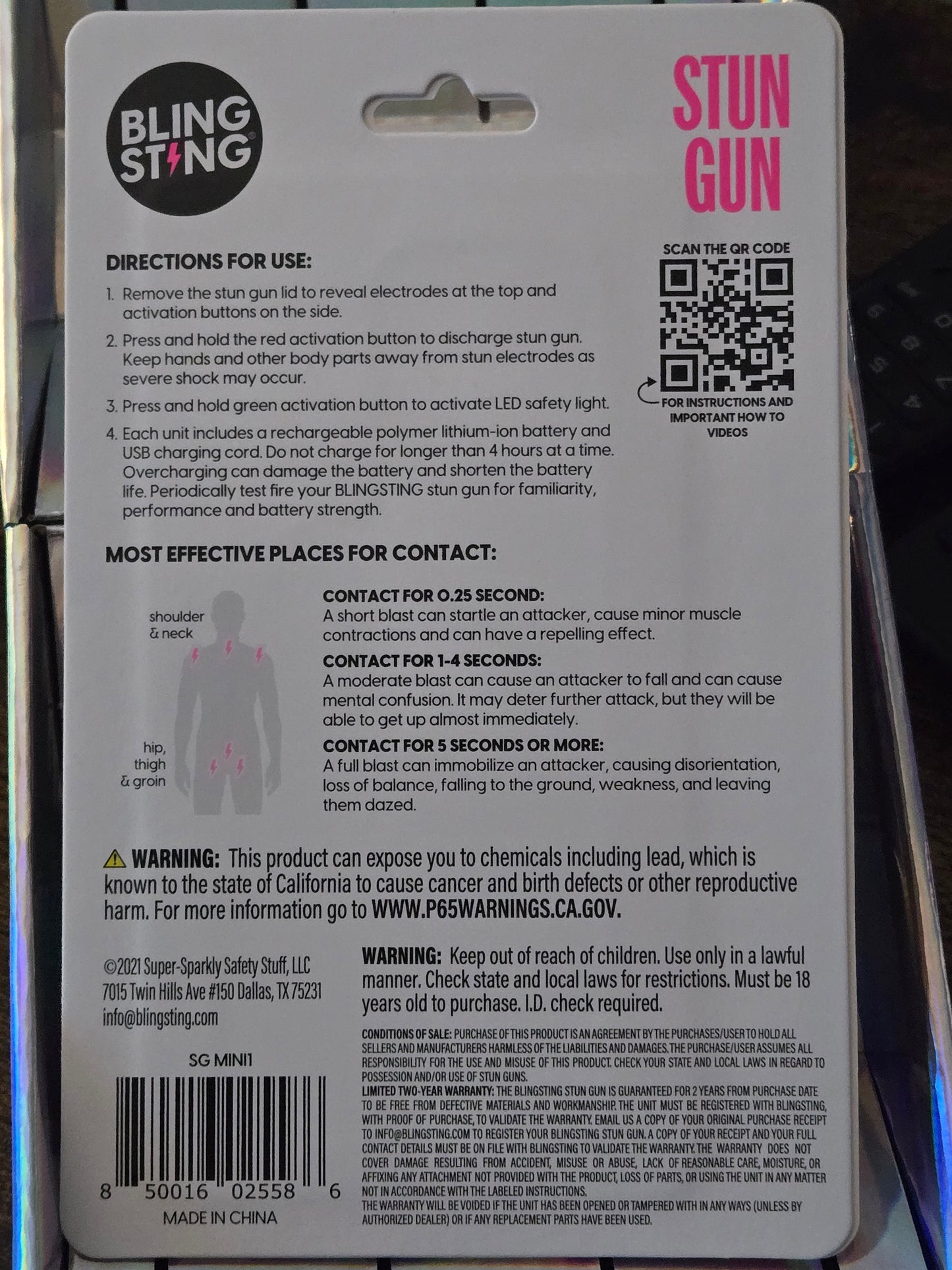 Blingsting Glitter Stun Gun with LED Safety Light – Max Strength Rechargeable Self-Defense Device (Available in Black Glitter or Pink Glitter)