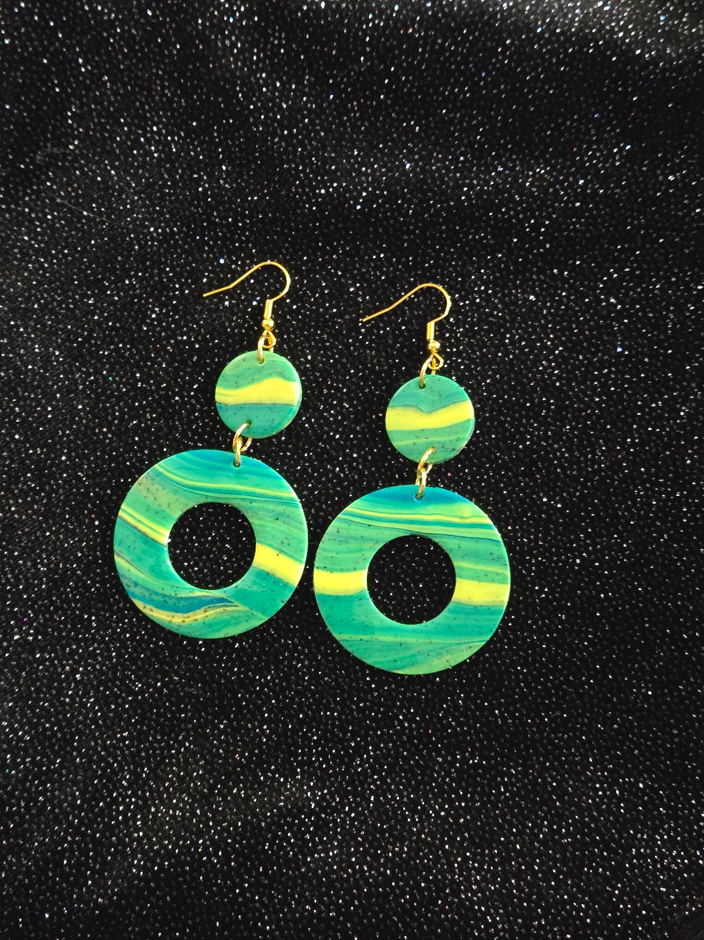 Tropical Marbled Polymer Clay Hoop Earrings – Green & Yellow Statement Dangles