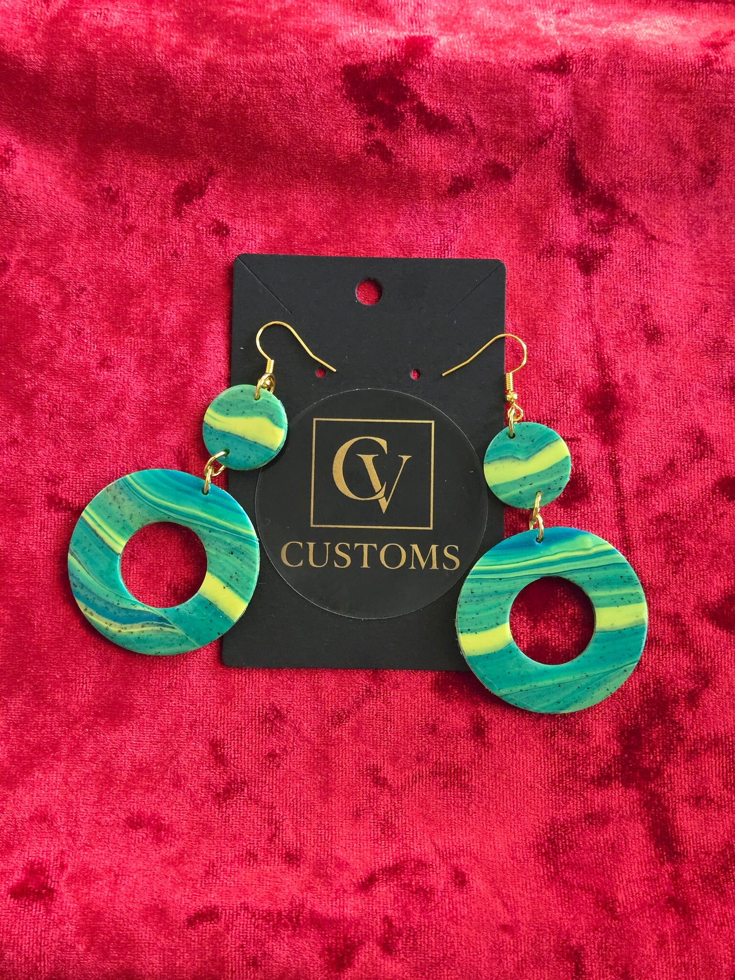 Tropical Marbled Polymer Clay Hoop Earrings – Green & Yellow Statement Dangles