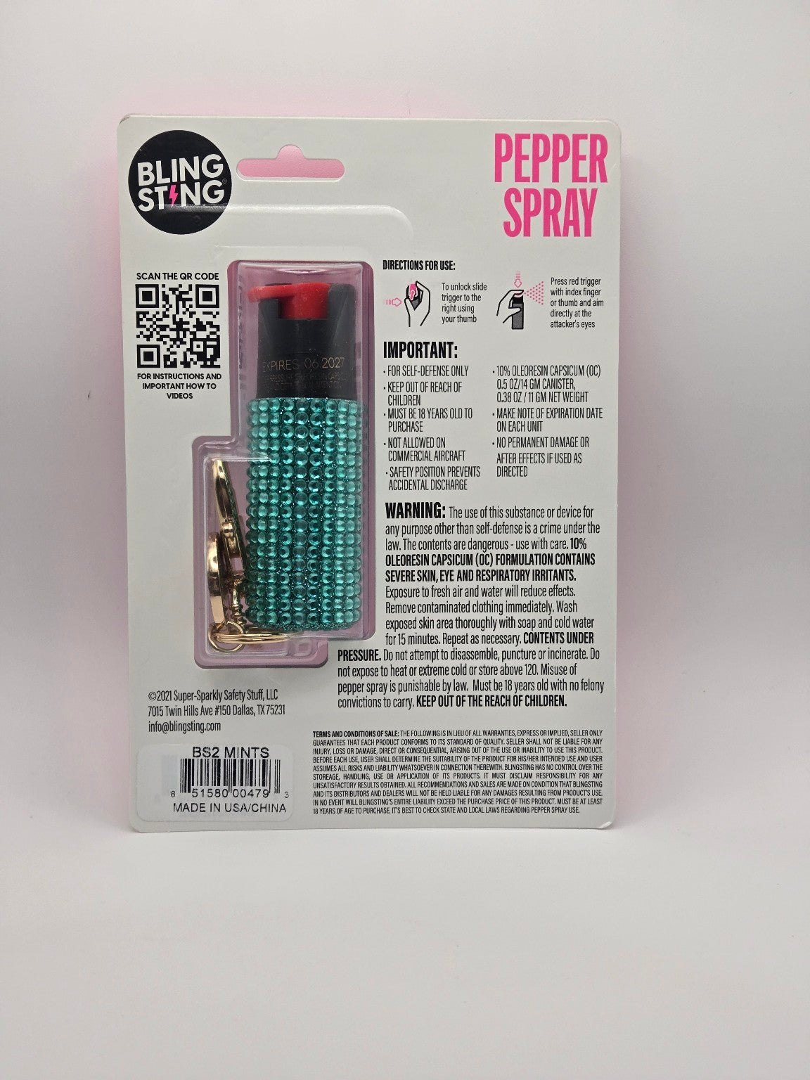 Blingsting™ Glam Pepper Spray – Mint Rhinestone Keychain | Legal Strength • 12ft Range • Self-Defense with Style